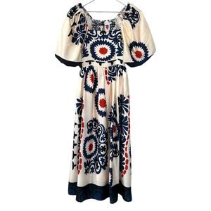 Piper & Scoot Exclusive Puff Sleeve Maxi Dress XS White Blue Red Floral Boho